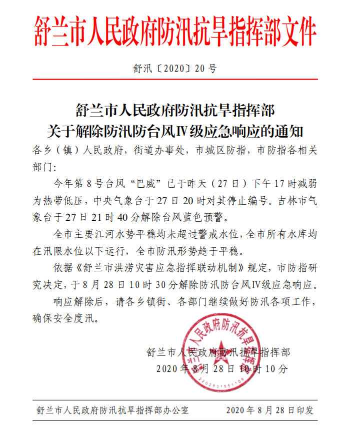 舒兰市人民政府防汛抗旱指挥部 关于解除防汛防台风Ⅳ级应急响应的通知