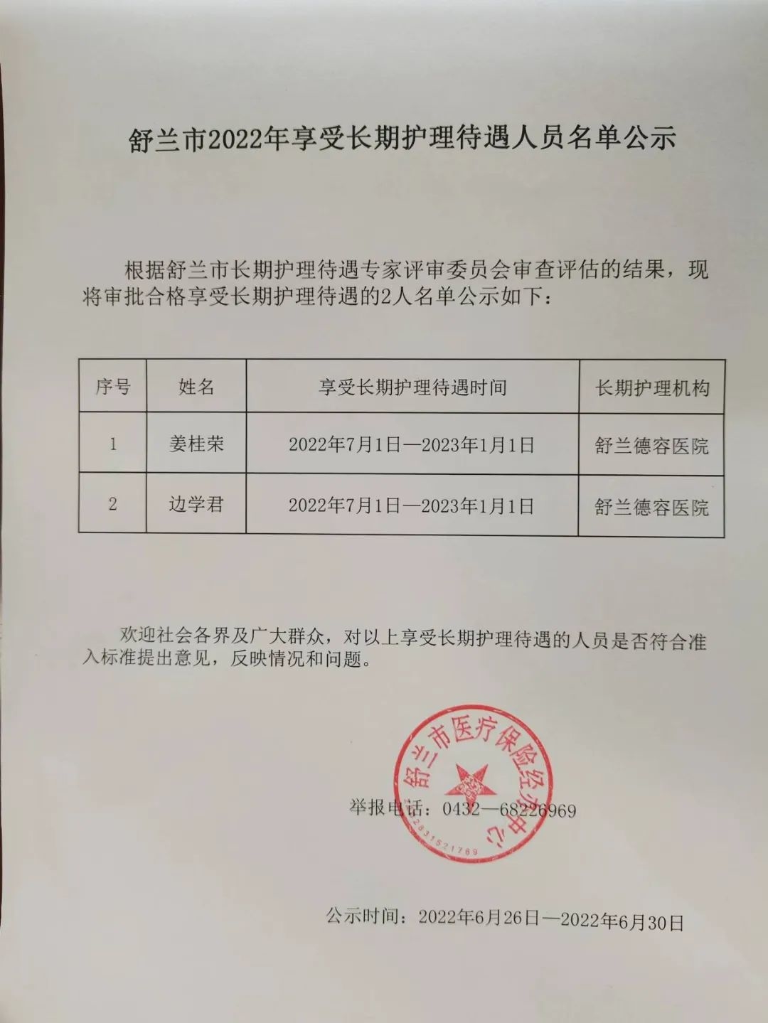 舒兰市2022年享受长期护理待遇人员名单公示